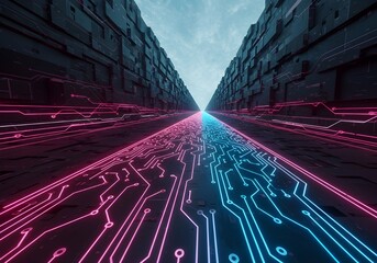 Futuristic Cityscape with Circuit Board and Neon Lights, Digital Technology Concept