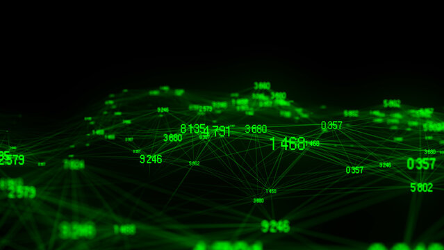 Block chain technology concept. Big data visualization. Artificial intelligence. Green network connection structure. Abstract digital background with matrix. 3d rendering.