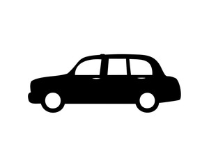 Black silhouette of a classic British taxi car on a white background