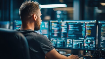 A man works at a multi-monitor computer setup, writing and analyzing code in a modern, dimly-lit office environment
