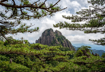 Beautiful view on the trail of Mount Huangshan, gorgeous rocks and strange pine in the mountain, in Anhui Province, China.