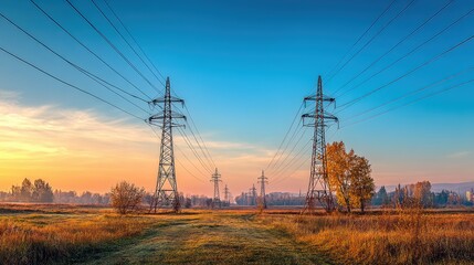 Power lines stretch across a rural landscape at sunrise, with fields and trees under a colorful sky