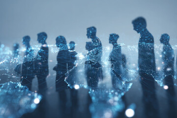 Diverse group of professionals collaborating in digital world, symbolizing global connectivity