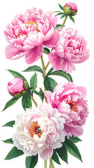 Delicate pink and white peonies in a bouquet.  Detailed floral illustration, with soft color gradations.  Fresh, vibrant blossoms and buds.  Green leaves and stems