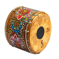 Ornate cylindrical drum with vibrant floral design