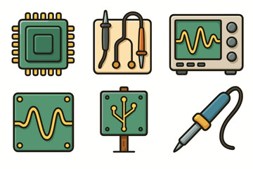 Electronics tools and components: circuit board, oscilloscope, soldering iron