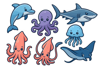 Naklejka premium Cartoon marine animals: dolphin, shark, squid, octopus, jellyfish, manta ray