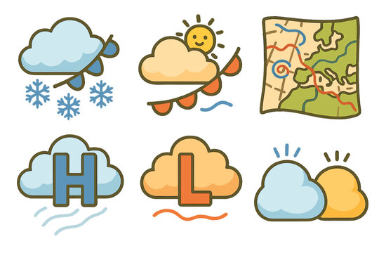 Weather symbols with clouds, map, and meteorological elements