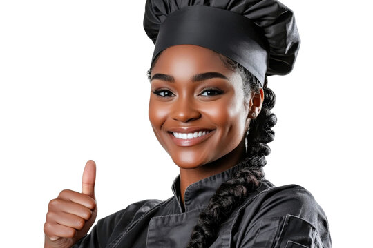 Smiling female chef wearing a black uniform and hat, giving a thumbs up in a positive and enthusiastic kitchen environment, promoting culinary success and joy