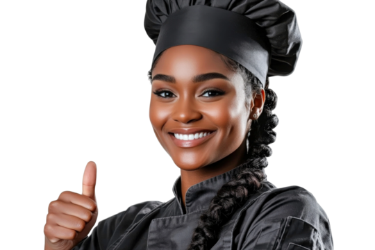 Smiling female chef wearing a black uniform and hat, giving a thumbs up in a positive and enthusiastic kitchen environment, promoting culinary success and joy - Powered by Adobe