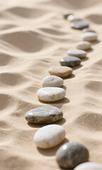 A conceptual path of smooth zen stones winding through soft rippled sand, symbolizing a journey towards balance and tranquility