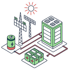 Vector art of isometric illustration of a sustainable energy system featuring solar panels, wind turbines, battery storage, and a power station, showcasing a clean and renewable energy solution