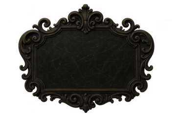 Weathered metal sign featuring intricate frame, displaying vintage texture with visible scratches, transparent isolated background