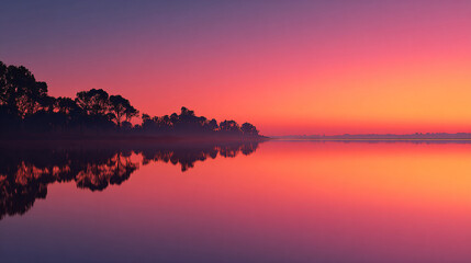 A stunning sunset over a calm lake with perfect reflections of the silhouetted trees and colorful sky.