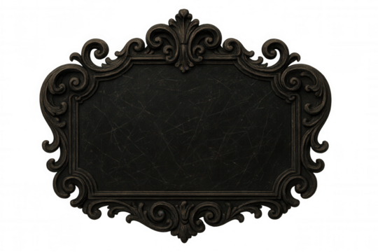 Weathered metal sign featuring intricate frame, displaying vintage texture with visible scratches, transparent isolated background