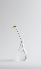 A single delicate chamomile flower in a clear glass water vase against a clean white background, embodying elegant simplicity and minimalist beauty