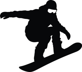 Black silhouette of snowboarder in mid air white action