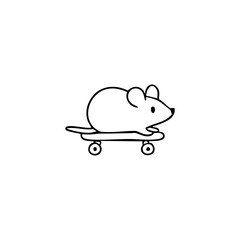 Simple black line drawing of a cartoon mouse riding a skateboard