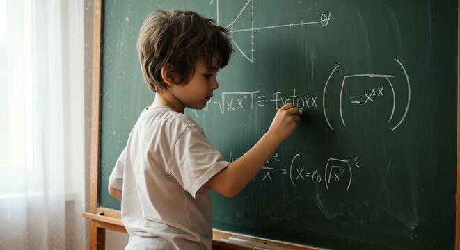 Boy writing equations on chalkboard