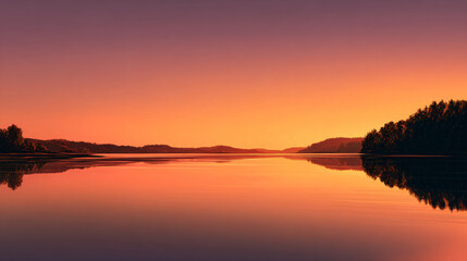 Obraz premium Serene sunset over a calm lake reflecting the colorful sky and distant hills.