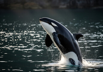 Obraz premium Majestic orca whale breaching and leaping out of the water with spray and ripples in a natural ocean environment