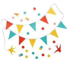 An elegant bunting string with vibrant red, orange, yellow, turquoise flags and pastel confetti, isolated on a transparent background, top-down view. Concept of festive celebration and minimalist