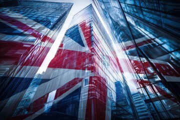 Modern glass skyscrapers with a transparent overlay of the British flag, symbolizing business and architecture in the United Kingdom