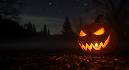 Carved pumpkin with candlelight in dark forest