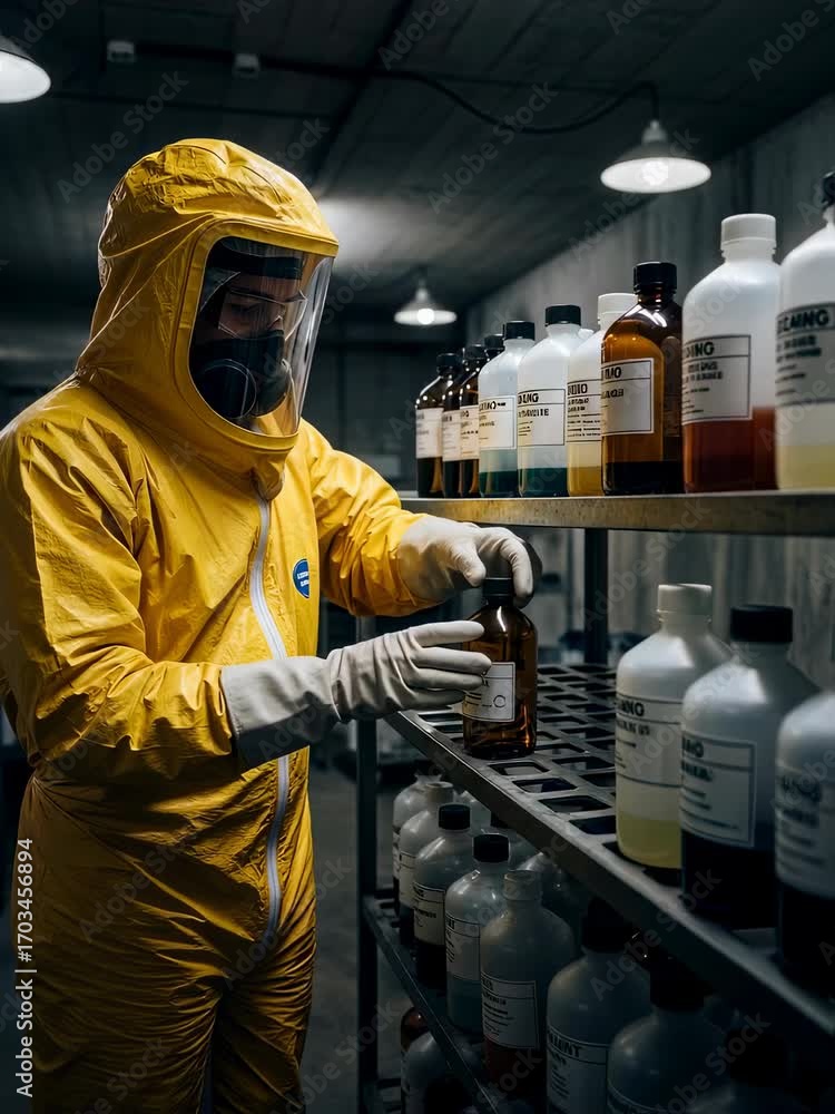 Poster man in hazmat suit handling chemical bottle in laboratory. scientist working with hazardous substanc