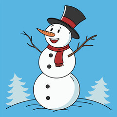 Cute Snowman Illustration | Winter Holiday, Christmas Character with Scarf and Hat.