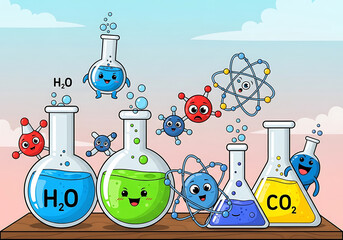 Cute cartoon chemistry laboratory scene with happy animated molecules and beakers filled with colorful liquids and chemical formulas h2o and co2 under a bright sky