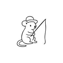 Black line drawing of a small mouse wearing a hat, sitting and holding a fishing rod