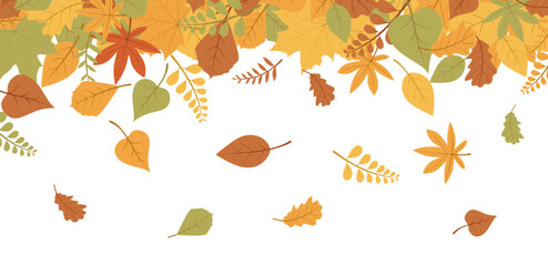 Fototapeta premium Autumn falling leaves horizontal background. Forest flying leaves in bright colors. Seasonal fall design for greeting card, banner, Thanksgiving day. Flying foliage from tree. Vector illustration