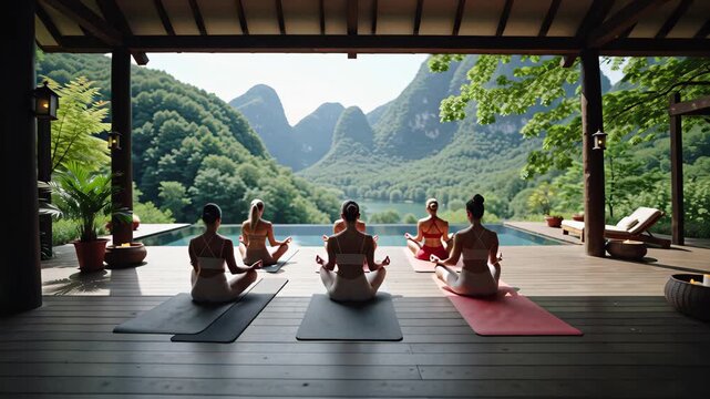 People meditating on yoga mats in spa terrace with mountain landscape