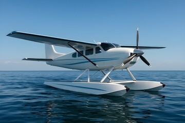 A sleek white and blue seaplane floats on calm water under a clear blue sky.