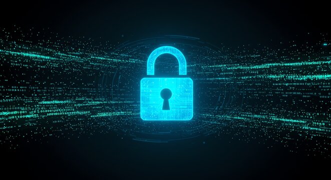 Digital lock icon with binary code background