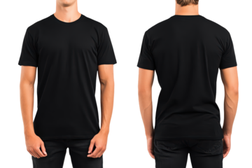 Black T-shirt Mockup Front and Back View Male Model, isolated on transparent background, perfect cutout, PNG