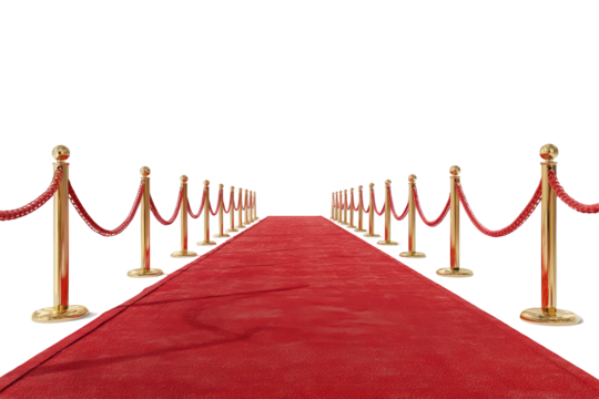 Red carpet gold stanchions luxury event premiere awards ceremony, isolated on transparent background, perfect cutout, PNG