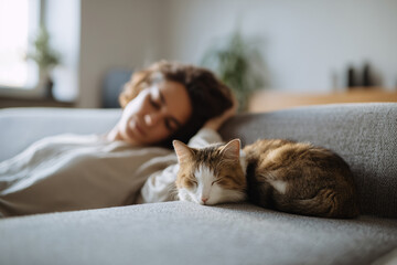 Woman napping with cat on sofa