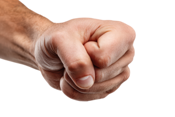 A clenched fist on black background showing tension and strength,, isolated on transparent background, perfect cutout, PNG