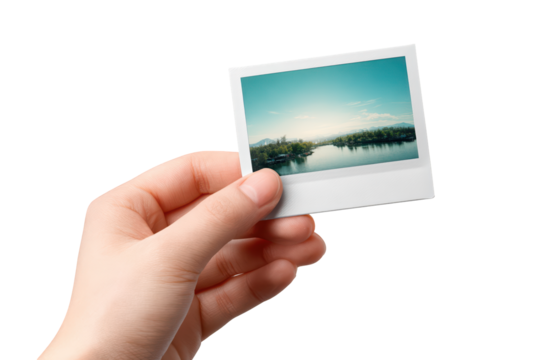 Hand holding instant photo scenic lake view travel photography memories, isolated on transparent background, perfect cutout, PNG