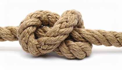 Fototapeta premium Close Up of a Braided Brown Rope Knot on a White Background for Nautical Themed Projects
