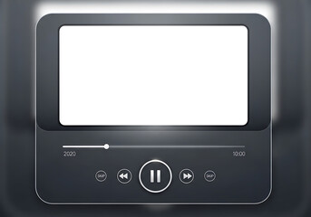Modern digital music player interface with blank screen and playback controls including play pause and skip buttons and a progress bar for audio or video playback
