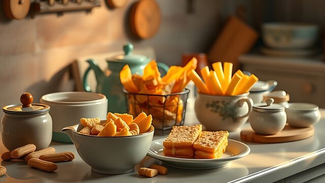 Vintage kitchenware holding handcrafted snacks, bathed in warm nostalgic light.