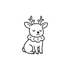 Cute, black and white outline drawing of a small deer with antlers and a frilly collar