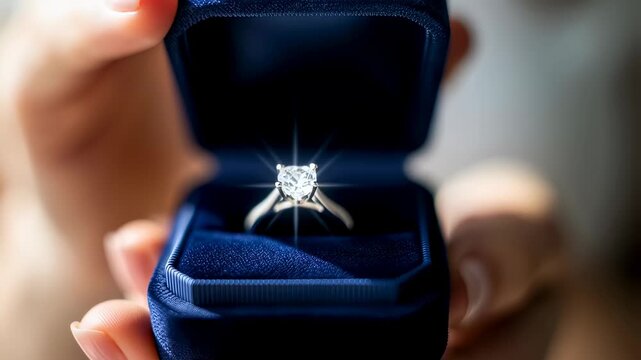 Woman holding open velvet blue box with a shiny diamond engagement ring. Marriage proposal or anniversary gift concept footage.