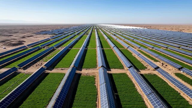 Vast aerial view of solar panels generating renewable energy, with green agriculture growing between rows in desert land. Agrivoltaics concept footage.