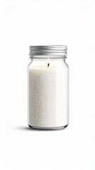 Lit White Candle in a Clear Glass Jar with Metal Lid on White Backdrop