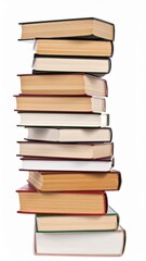 Tall Stack of Old Books with Varied Colors and Textures Isolated on White Background