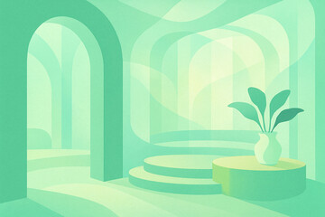 Minimalist Green Architectural Interior with Arches and Plant